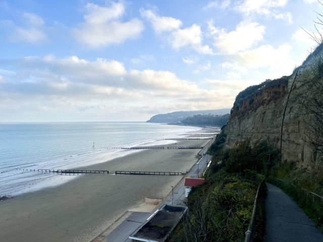 Sandown Beach at sunset looking south from Lake steps