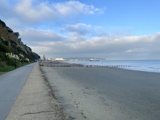 Sandown Beach at sunset looking north near Lake