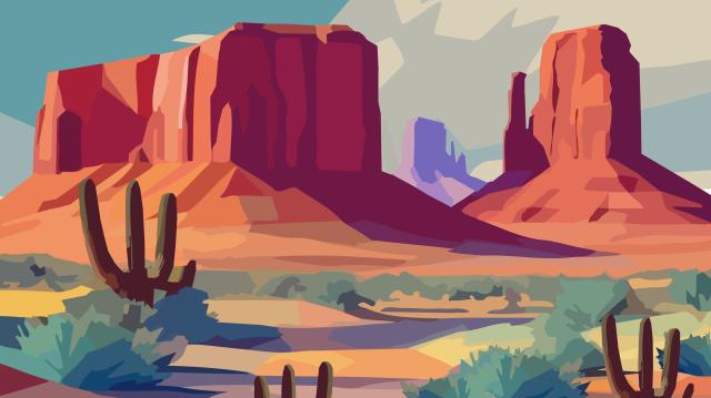 The contemporary-style piece depicts the iconic landscape of the Dahlin Monuments in Arizona. Bold geometric shapes and vibrant colors are used to capture the majestic rock formations, vast desert plains and clear blue skies of the area. The intricate detailing and sharp angles of the composition give the natural beauty of the scene a modern and dynamic look. The artwork radiates energy and excitement, inviting viewers to explore the unique and impressive terrain of Dalina's monuments.
