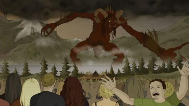 Still image from season one, episode four - "Dethtroll"  of the animated TV series "Metalocalypse".
Pictured is Mustakrakish, a giant red lake troll, arising from a Finish lake in front of a crowd and members of the band, Dethklok, who summoned him by performing the song, "Awaken".