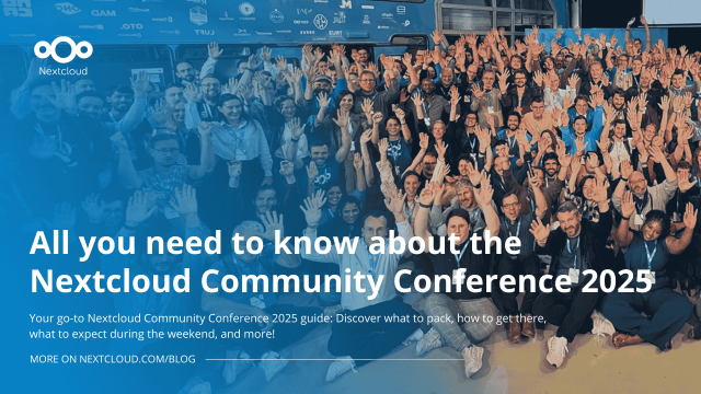 Featured image for the blog post "All you need to know about the Nextcloud Community Conference 2025". The picture shows a group picture of last year's conference.