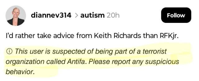 Screenshot of a threads post with a system warning that someone is "suspected of being part of a terrorist organisation called antifa"