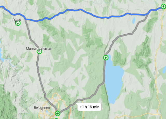 screenshot of the website "a better route planner" showing that you can exit the highway and stop near belconnen, which will add 1hr and 16min to your trip