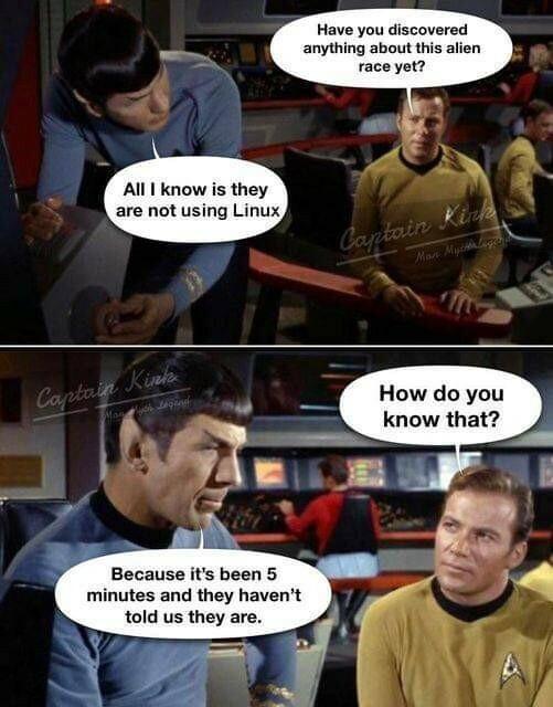 a startrek short comic with speech bubbles about aliens using Linux on first contact