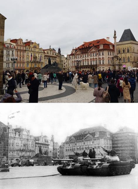 A view of Prague's old town square lines by some historical buildings and with the monumental memorial to Jan Hus. On top in colour a view with plenty of tourists milling around. On bottom the same view, but with two tanks parked side by side on the otherwise empty square (except for a few other military vehicles), crew standing on them talking. 