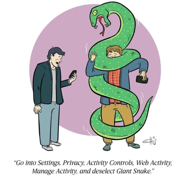 Still image. Person looking at phone and reading off directions to another person wrapped by an enormous snake whose mouth is wide open. 

Text reads:

"Go into Settings, Privacy, Activity Controls, Web Activity, Manage Activity, and deselect Giant Snake."