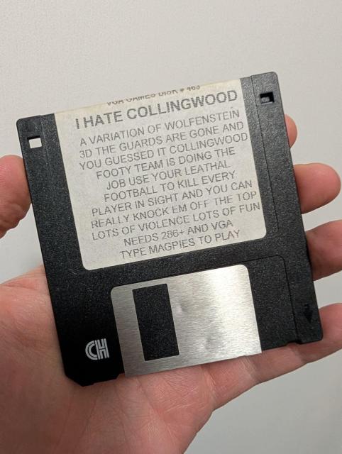 I HATE COLLINGWOOD Wolfenstein 3D mod, on floppy disk. I tracked down someone with a physical version, but the disk is borked. :(