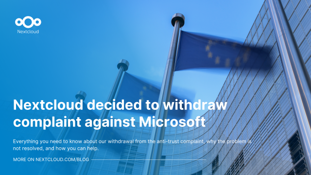 Featured image for the article “Nextcloud decided to withdraw complaint against Microsoft” with the title and the background image with a building and EU flags raised