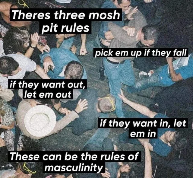 theres three mosh pit rules

pick em up if they fall

if they want out let em out

if they want in let em in

these can be the rules of masculinity 

and it's a mosh pit pic