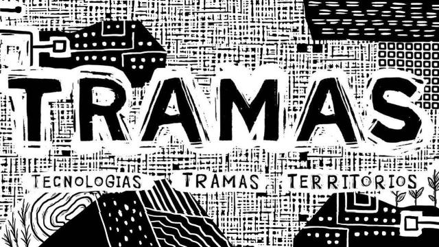 cabecera web tramas.digital en blanco y negros mostrando el nombre junto a lineas y puntos en xilografía