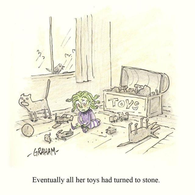 A cartoon illustration of a young medusa looking dejected, surrounded by toys, a cat, and a dog all turned to stone. Caption reads "Eventually all her toys had turned to stone."