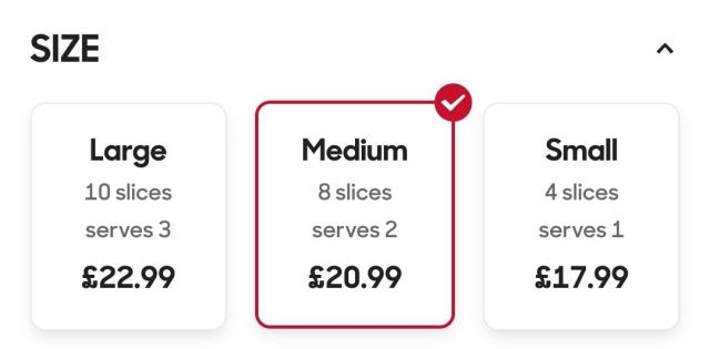 pizza hut UK pricing. a medium pizza is £20.99; small is £17.99; large is £22.99. they do, however, dull the pain a little by putting an adorable little loop in the base of the pound character