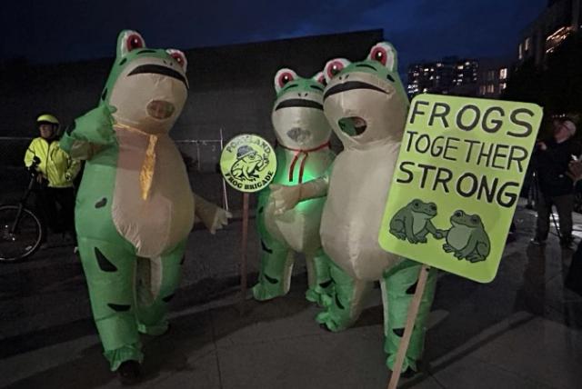 Three people wearing inflatable frog costumes are standing together in front of the ICE facility in Portland, Oregon. One is holding a sign that says “Frogs Together Strong.”