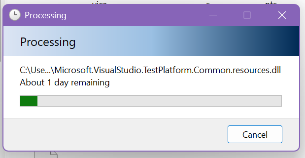 windows 11 file compression dialouge. we have a delightfully vista-era "processing" window with a progress bar that's about 5% complete. a DLL is being compressed, and the estimated time remaining is about one day