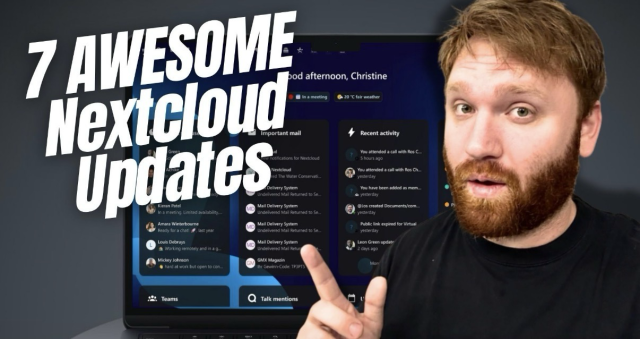 AWESOME Nextcloud Updates as a caption. Nextcloud dashboard on a laptop with Brandon from TechHut pointing at the caption.
