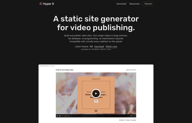 A static site generator for video publishing.

Build and publish video sites, from single videos to large archives.
No database, no programming, no maintenance required.
Compatible with virtually every webhost on this planet. 