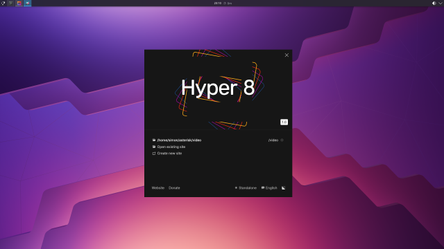 Hyper 8 splash graphics in the launcher (dark version). It features the Hyper
8 typographical logo overlaid on colorful, varyingly rotated lines that are
clipped against an invisible logo silhouette (a slide frame) positioned
centrally behind the logo.