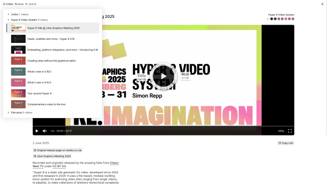 Full screenshot of a Hyper 8 video page in light theme with the navigation
menu open. The visual appearance is "snowy white" with some color specks,
most notably in the thumbnails in the navigation menu, as well as in a dozen
of small colorful "bubbles" that appear on the top-right of the video on the
page, right underneath the collection title "Hyper 8 Video System".