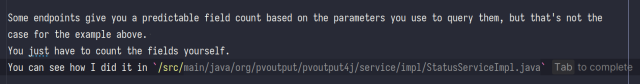 screenshot of me writing some documentation.

i have written: 
You can see how I did it in ‘/src

the AI is autosuggesting the following:
You can see how I did it in ‘/src/main/java/org/pvoutput/pvoutput4j/service/impl/StatusServiceImpl.java`