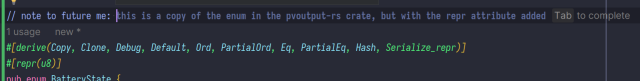 screenshot of me writing docs. i wrote:

note to future me:

the AI suggests:

this is a copy of the enum in the pvoutput-rs crate, but with the repr attribute added