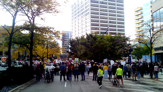 Looking South: A group of people gathered on a city street for a protest, holding signs, with tall buildings and autumn trees in the background.