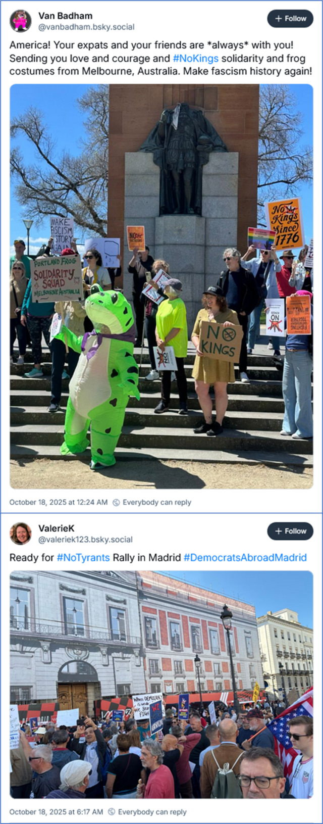 Two posts from BlueSky showing rally goers with signs in Melbourne and Madrid.