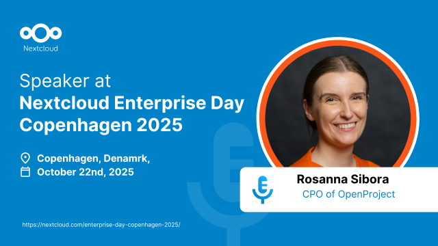 Image promoting the Nextcloud Enterprise Day in Copenhagen on October 22, 2025. Features a photo of speaker Rosanna Sibora, the Chief Product Officer of OpenProject. Background is blue with event details and a microphone icon.