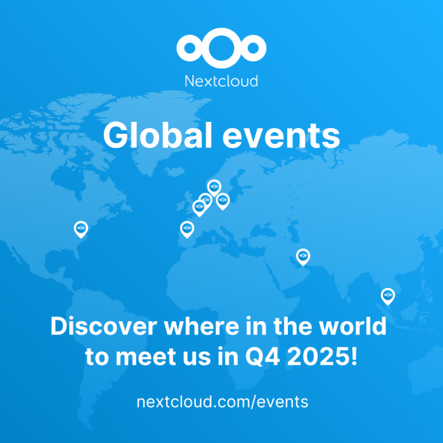 Image with a world map, pins in the locations of upcoming events Nextcloud participates in and title “Discover where in the world to meet us in Q4 2025!”