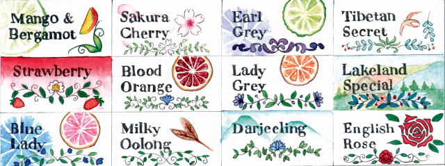 Scan of a series of labels with floral borders from top left to right: 
1 Mango and bergamot with a drawing of a mango and a bergamot
2 Sakura cherry with pink flowers and petals.
3 Earl Grey with a bergamot and a cornflower 
4 Tibetan secret with an orange peel 
5 Strawberry with little strawberries and a fading red background 
6 Blood Orange with a slice of blood orange
7 Lady Grey with a slice of orange 
8 Lakeland Special with a little landscape in the background 
9 Blue Lady with a slice of grapefruit and a cornflower 
10 Milky Oolong with 2 brown leaves on the side 
11 Darjeeling with two foggy mountains in the distance 
12 English Rose with a red rose line work on the side.