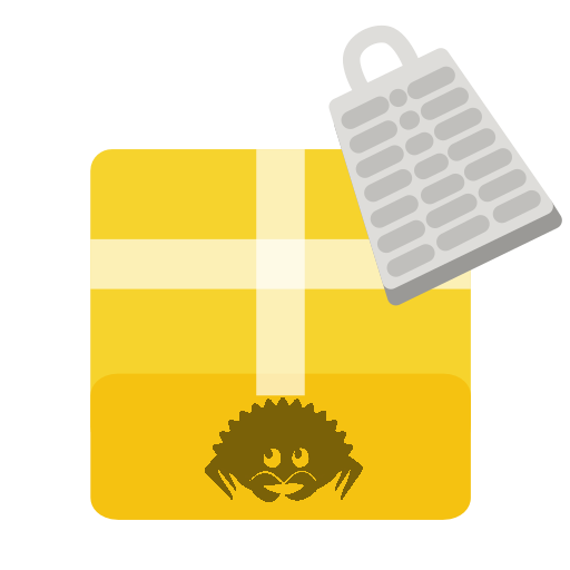 cheesecrater's logo - a vector-style image of a package with tape and a rustacean logo with a cheesegrater on it