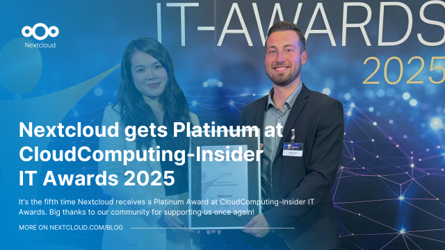 Featured image for the blog announcing the Platinum Award Nextcloud received at  the IT-Awards 2025, with title and subtitle and a photo of two Nextcloud team members holding the award on the background of the image.