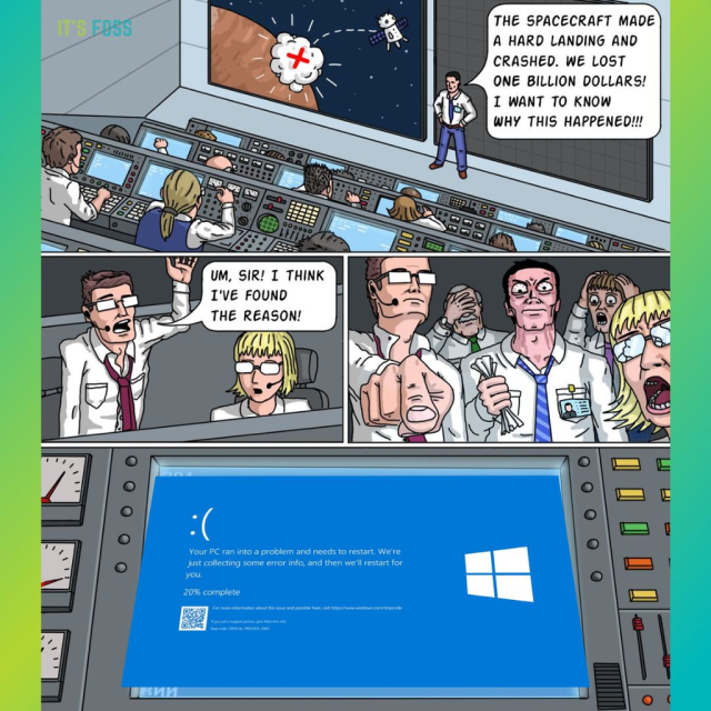 Comic panel #1:

The scene is set in a command center for a space mission with one of the people shouting, "The spacecraft made a hard landing and crashed. We lost one billion dollars! I want to know why this happened!!!."

Comic panel #2, #3:

One of the people manning a control station shouts, "Um, sir! I think I've found the reason!."

With that person and the other controllers pointing and looking at a screen angrily.

Comic panel #3: 

The control panel's display shows a Windows blue screen of death error.
