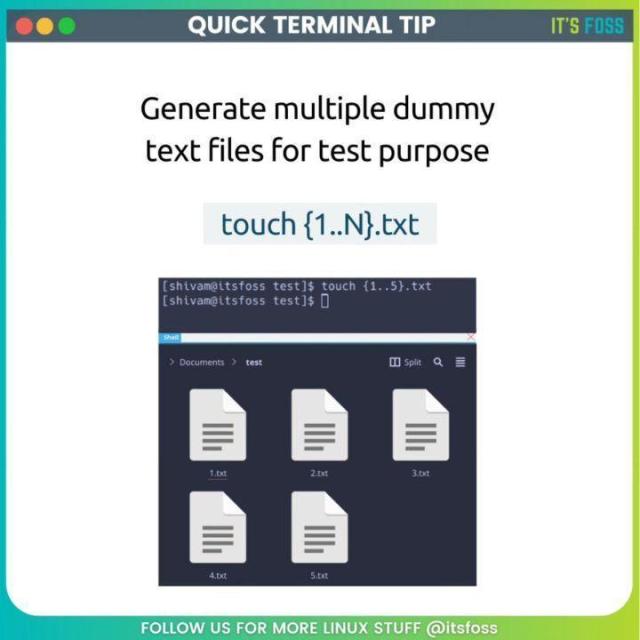 Generate multiple dummy text files for test purpose.

touch {1 ..N}.txt

Replace N with a number of your choice.
