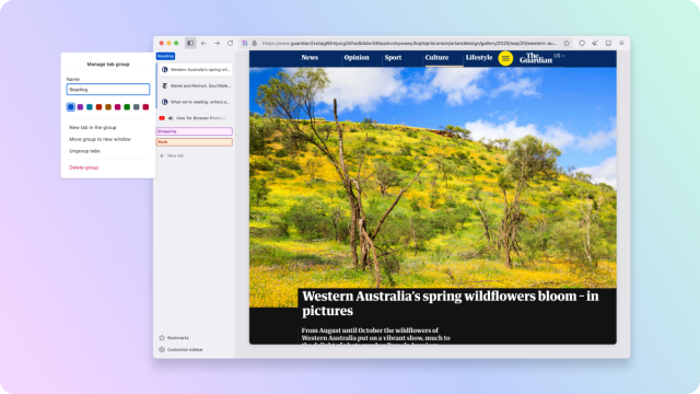 A screenshot of Tor Browser 15 showing how tabs are threaded in the left-hand side of the browser window.