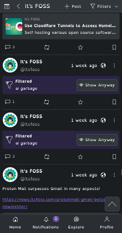 tokodon showing 2 posts in a row on the same page out of only 4 posts, both being filtered under the category of "ai garbage"