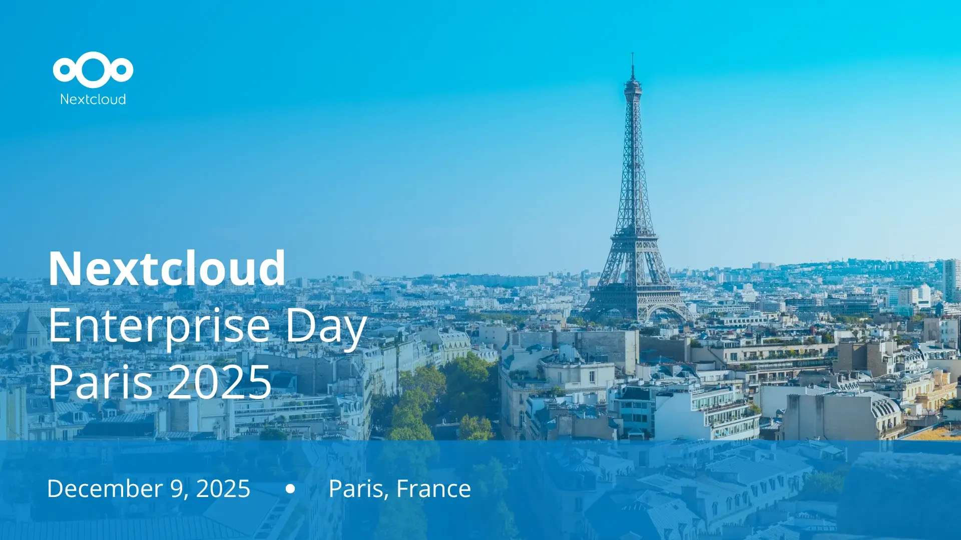 Featured image for the event Nextcloud Enterprise Day Paris 2025 on December 9, showing the title, date, location, and a background with the skyline of Paris.