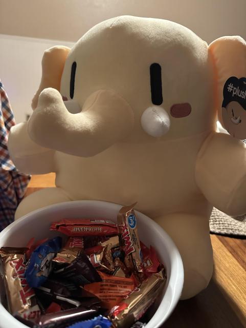 A Plushtodon with a bowl of candy to give out! 