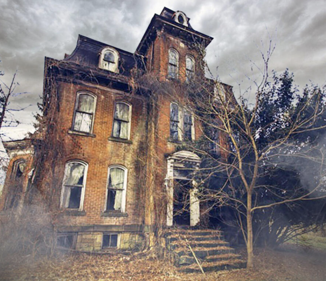 A run down, 3 story imposing Victorian brick home with a very creepy filter put over it to make it look extra haunted. There is a bare tree out front, a cloudy sky, and windows have the curtains messily held open on the ground floor. 