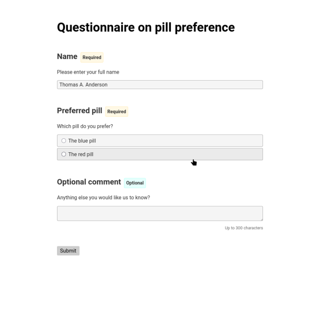 A form open in the browser. It reflects exactly the requirements that are specified in the document that is shown in the other image, but interpreted and rendered as a fully functional online form.