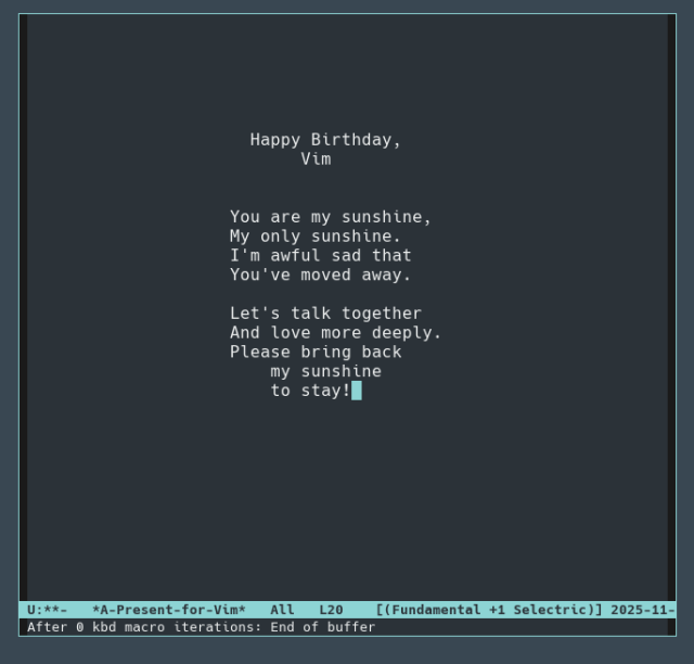 Emacs using M-x animate-birthday-present to vim