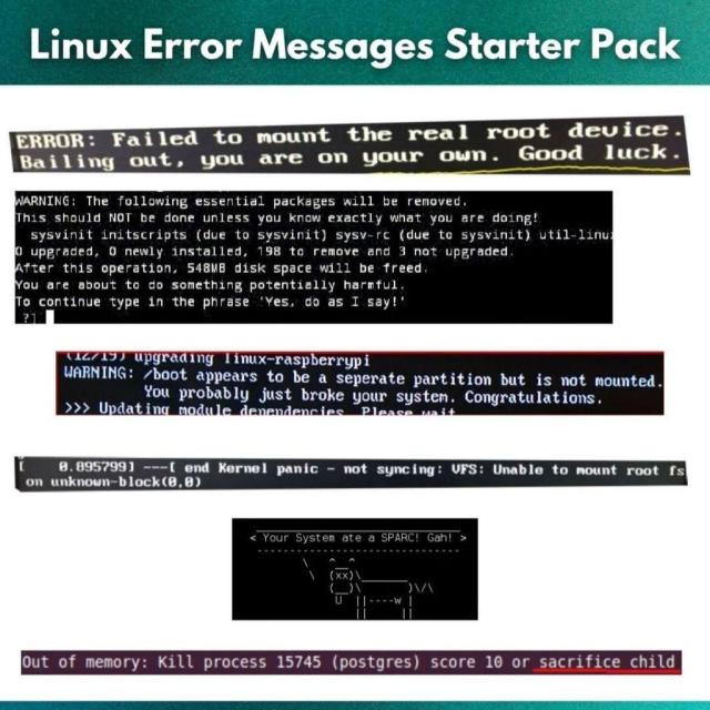 Linux Error Messages Starter Pack

There are screenshots of many heart-stopping errors in the image. Some examples include: failed to mount the real boot device, essential packages will be removed, /boot appears to be a separate partition but is not mounted, and out of memory.