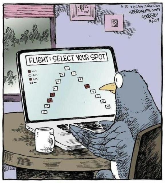 This is a comic from the series "Speed Bump" by Dave Coverly. The cartoon depicts a pigeon using a laptop to select a seat for a flight. The seat map on the screen shows a series of seats arranged in a parabolic arc, which is a visual pun referencing the flight path of a bird.
