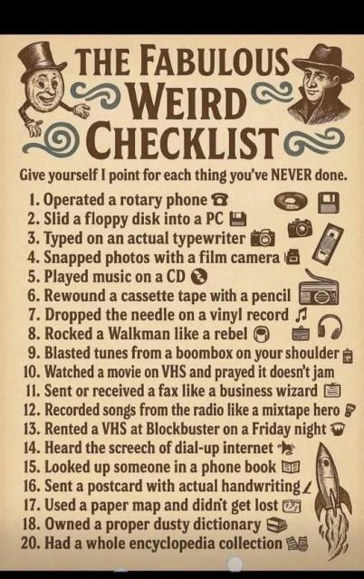 THE FABULOUS WEIRD CHECKLIST
Give yourself 1 point for each thing you've NEVER done.

1. Operated a rotary phone 
2. Slid a floppy disk into a PC 
3. Typed on an actual typewriter
4. Snapped photos with a film camera
5. Played music on a CD 
6. Rewound a cassette tape with a pencil 
7. Dropped the needle on a vinyl record 
8. Rocked a Walkman like a rebel 
9. Blasted tunes from a boombox on your shoulder 
10. Watched a movie on VHS and prayed it doesn't jam
11. Sent or received a fax like a business wizard
12. Recorded songs from the radio like a mixtape hero 
13. Rented a VHS at Blockbuster on a Friday night 
14. Heard the screech of dial-up internet 
15. Looked up someone in a phone book 
16. Sent a postcard with actual handwriting 
17. Used a paper map and didn't get lost
18. Owned a proper dusty dictionary 
20. Had a whole encyclopedia collection 