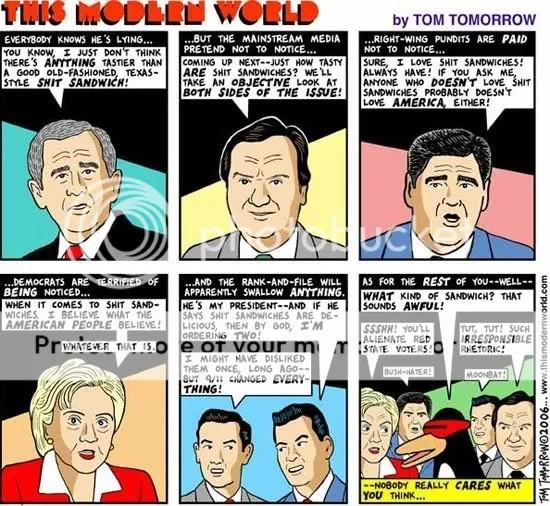 Tom Tomorrow cartoon from Bush era depicting political figures coming to embrace the good ol' shit sandwich GWB recommends