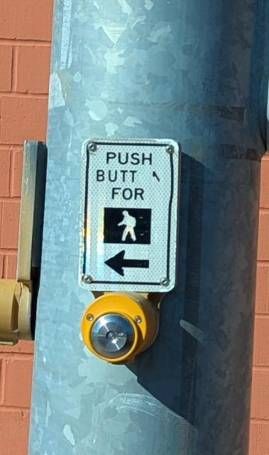 A crosswalk button with a sign above that has letters scratched off so that it reads "PUSH BUTT FOR"