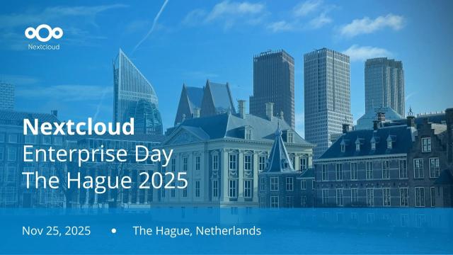 Cityscape of The Hague, Netherlands, with the title “Nextcloud Enterprise Day – November 25, 2025.” Event announcement for OpenProject’s session “Breaking free from the Atlassian Jira and Confluence lock-in,” hosted by Robin Wagner at 13:30 CET.