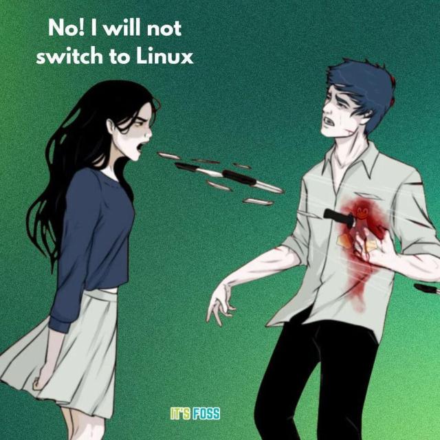 There is a person on the left saying, "No! I will not switch to Linux", with knives coming out of their mouth.

On the right is another person getting hit with said knives, with Tux, the mascot of Linux, being hit specifically on their chest; they are also bleeding from where the knives hit.