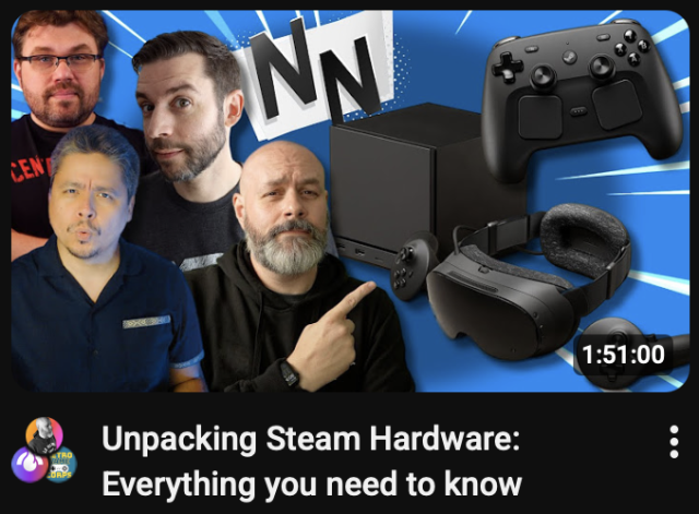Thumbnail showing four men posing around images of Valve/Steam gaming hardware — a Steam Deck-like handheld, a Steam Console, a VR headset, and a gamepad — on a blue background with the title “Unpacking Steam Hardware: Everything you need to know.”