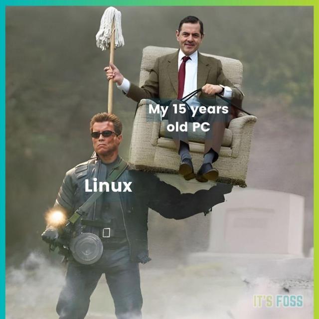 There is a buff terminator (man-like) with a machine gun in its right hand firing at something; the terminator is called "Linux".

On its left hand is a couch, with a person sat on it (Mr Bean) with a mop in his hand; he is called "My 15 years old PC".