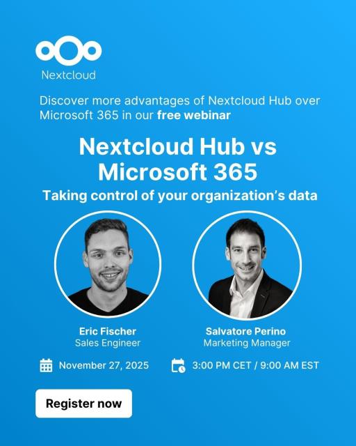 Promo image for the webinar “Nextcloud Hub vs Microsoft 365” with title, dates and speaker details with photos: Eric Fischer and Salvatore Perino